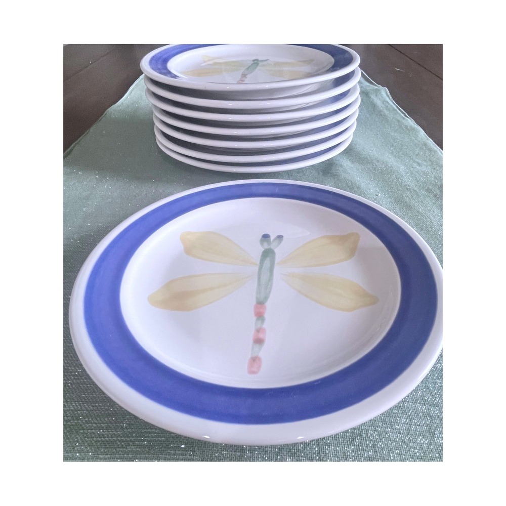 Super Rare Pfaltzgraff Mexico Dragonfly Salad Plates Set of 8 Blue White Vintage - Picture 5 of 5